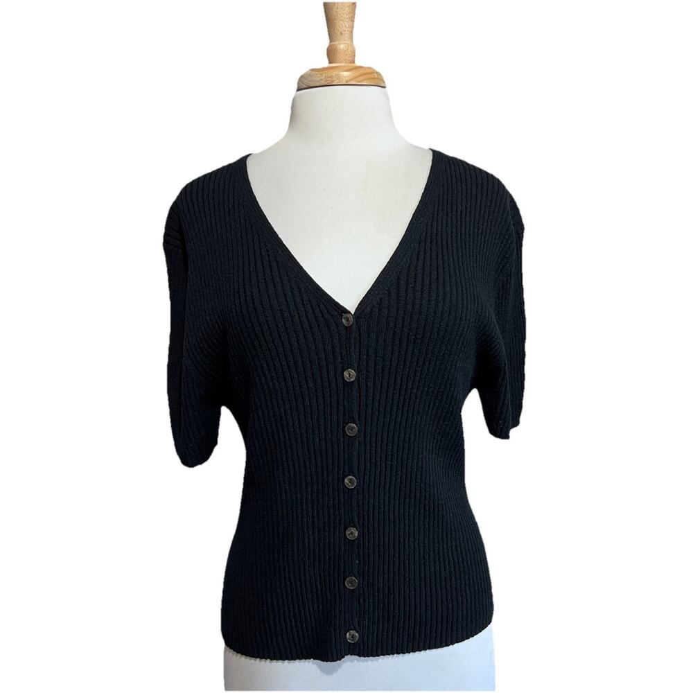 North Crest Vintage Black Ribbed Sweater Top Button Up V-Neck Bella Goth XL